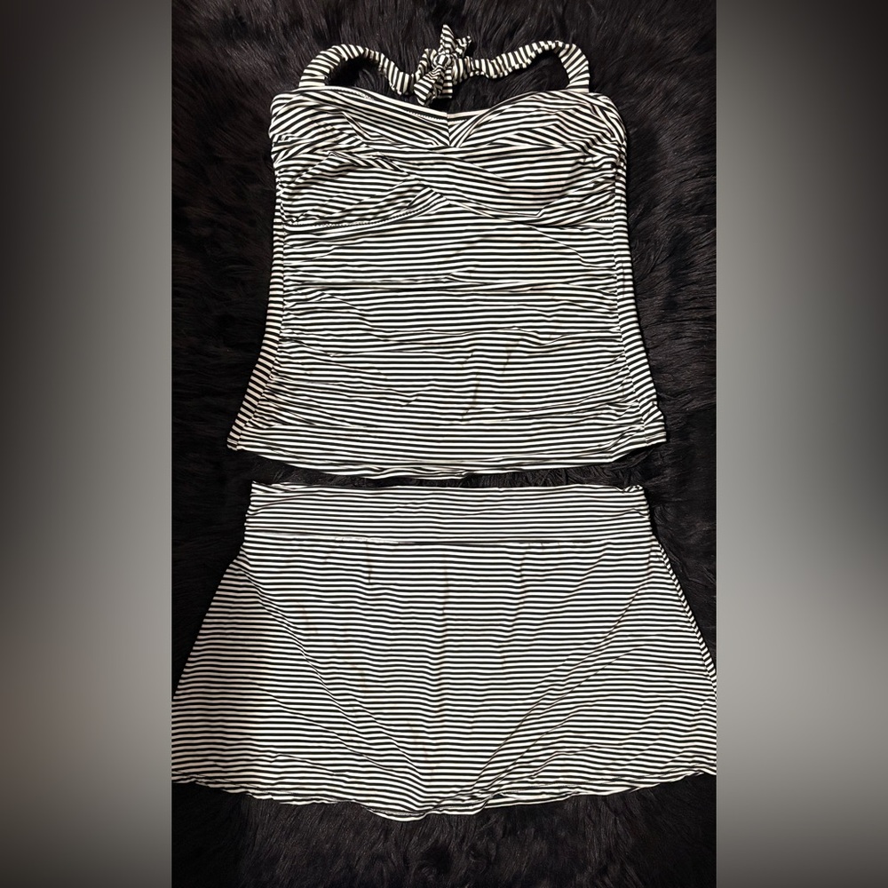 Garnet Hill Woman’s Size 12 Black and White Striped Bikini Skirt & Tank Top Set